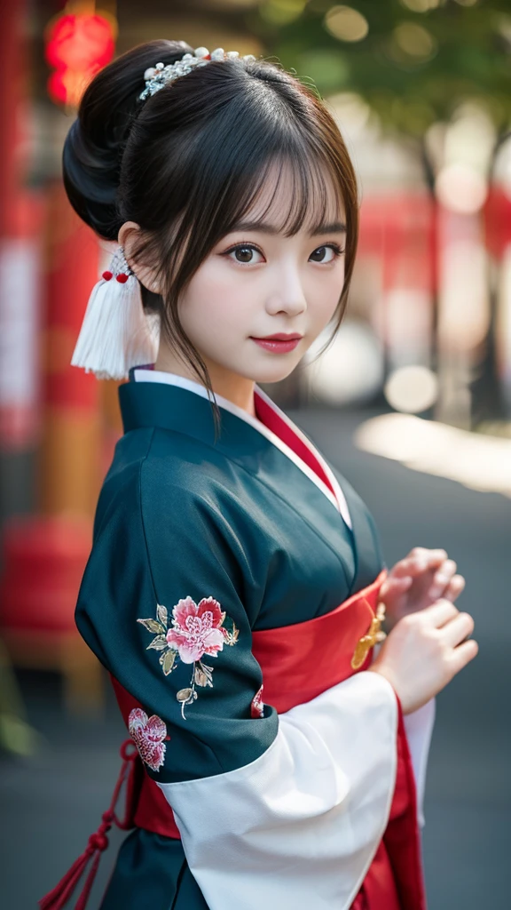 (master piece、Highest image quality、Raw photo、realistically)、Japanese woman wearing traditional Chinese costume、detailed face、detailed limbs、Dynamic angle of view、ponytail hair