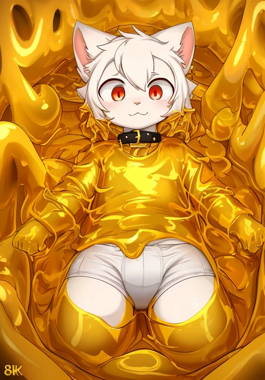 (best quality,4K,8k,highres,masterpiece:1.2),ultra-detailed,a male white cat wearing a diaper,collar,red pupils,cat ears,cat nose,immersing in golden slime,sinking into the slime,thighs covered in golden slime,golden slime