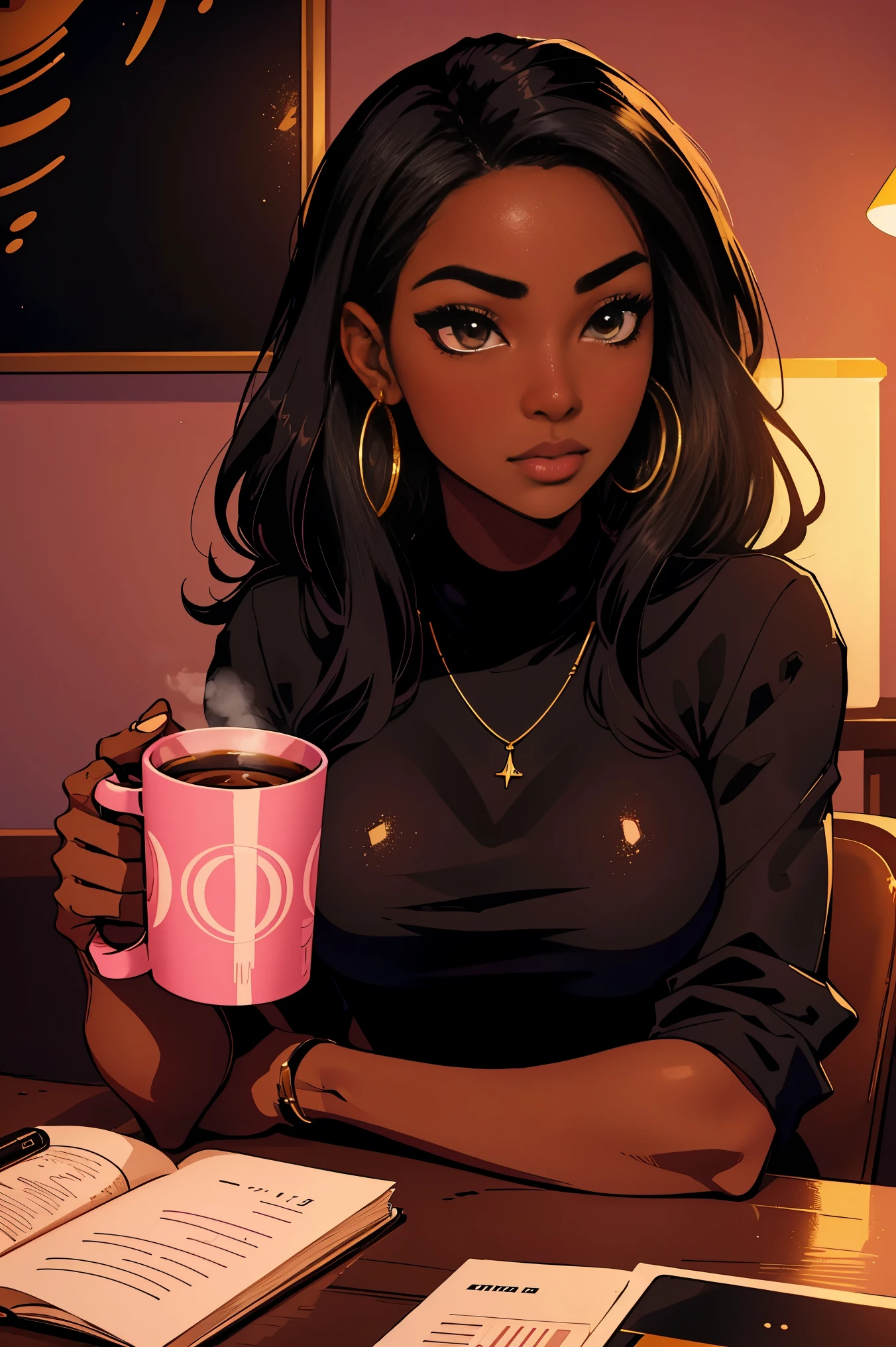 One Dark skin young woman with long jet black hair and clearly detailed big brown eyes, slender figure, ebony nose, wearing a style top and a business skirt, sitting at a desk next to a pink and gold coffee mug. high quality, 2D, UHD,