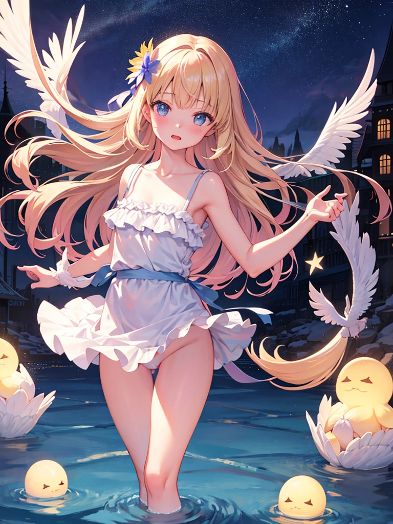 photo realistic, photo realistic, photo realistic, (masterpiece,best quality:1.4),(8k,raw photo,photo realistic:1.2),Not Safe for Work, detailed skin,detailed face,1girl,Japanese idol,cute face,Child,petite, Girl Standing On Water、blonde、Wavy Hair、blue eyes、semi-long、panty shot、white panties、underwear姿、underwear、Panmoro、camisole、beautiful eyes、Sparkling、Eyes that seem to be sucked in、Standing Girl、one girl、14age、Beautiful scenery、moonlight、A very big moon、Beautiful starry sky、shooting star、high resolution、night view、The Lost City、barefoot、whole body、Scattering Flowers、Hanabubuki、pretty fingers、beautiful feet、small breasts、girl in return、broken town、Fluttering feathers、frills、画面全体がSparkling、Lots of feathers、fantasy、mysterious、Face、upper body up、rainbow light、zoom in、Clean mountains、countless stars、Countless lights、small breasts、beautiful nipples、See-through、