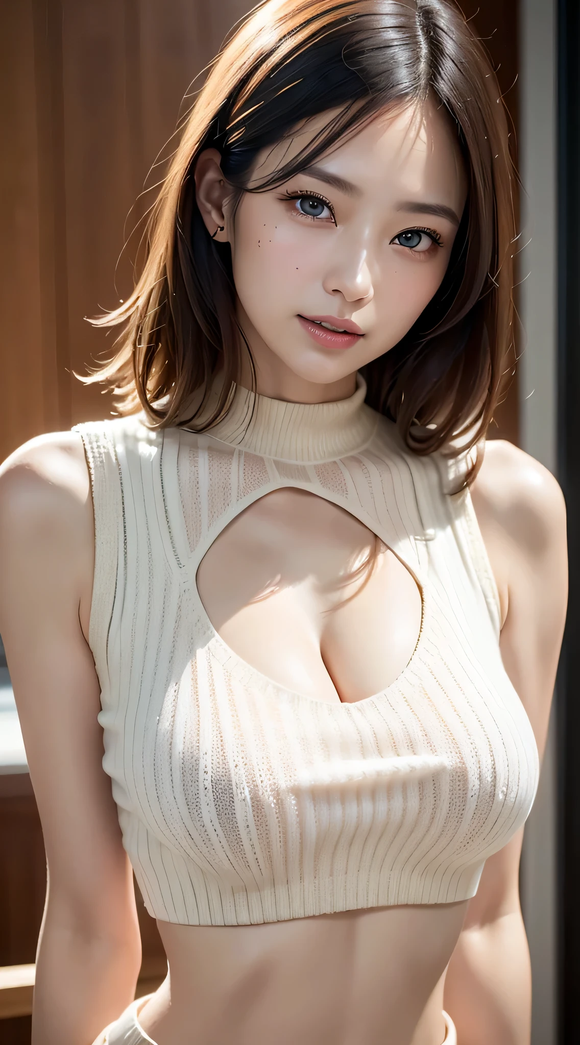 table top, highest quality, Photoreal, finely, High resolution, 8k wallpaper, perfect dynamic composition, finelyて美しい目, medium hair, big and full breasts, random sexy pose,chest to chest、(Mock Neck Crop Tank Top White Knit、The cleavage looks real)、(Breast bulge 1.2)、laughter、open your mouth、resort scenery、42 years old、(droopy eyes 1.4)、 beauty、Japanese、black spot under left eye