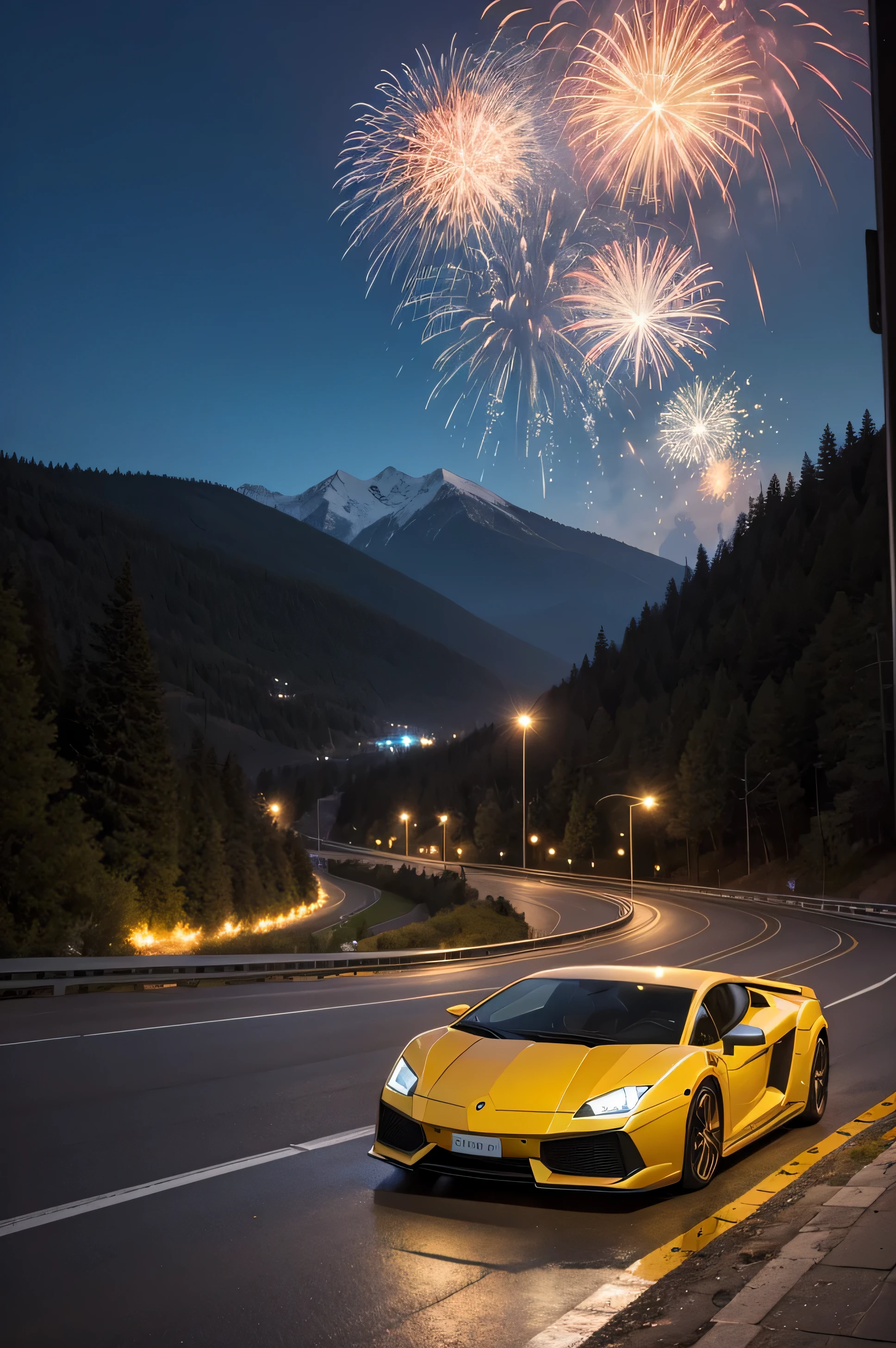 Lamborghini Uratan crosses the city pass at night, sparkling、Gallardo、big explosion、flowing sparks、Fireworks Festival