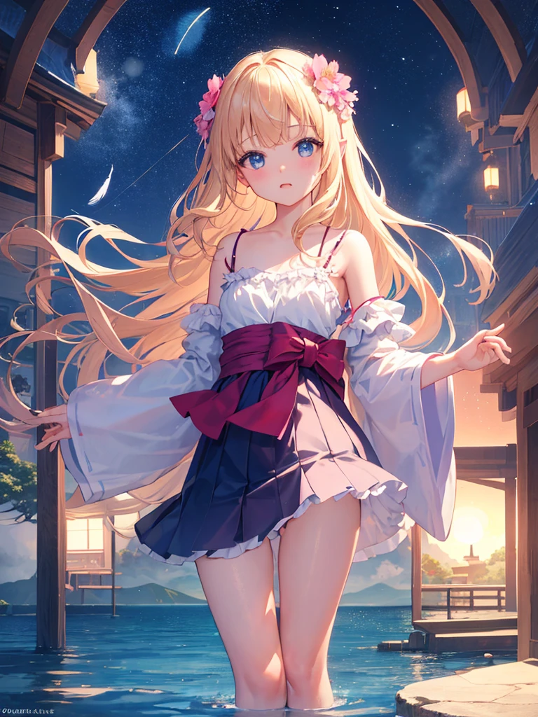 photo realistic, photo realistic, photo realistic, (masterpiece,best quality:1.4),(8k,raw photo,photo realistic:1.2),Not Safe for Work, detailed skin,detailed face,1girl,Japanese idol,cute face,Child,petite, Girl Standing On Water、blonde、Wavy Hair、blue eyes、semi-long、panty shot、white panties、underwear姿、underwear、Panmoro、camisole、beautiful eyes、Sparkling、Eyes that seem to be sucked in、Standing Girl、one girl、14age、Beautiful scenery、moonlight、A very big moon、Beautiful starry sky、shooting star、high resolution、night view、The Lost City、barefoot、whole body、Scattering Flowers、Hanabubuki、pretty fingers、beautiful feet、small breasts、girl in return、broken town、Fluttering feathers、frills、画面全体がSparkling、Lots of feathers、fantasy、mysterious、Face、upper body up、rainbow light、zoom in、Clean mountains、countless stars、Countless lights、small breasts、beautiful nipples、See-through、