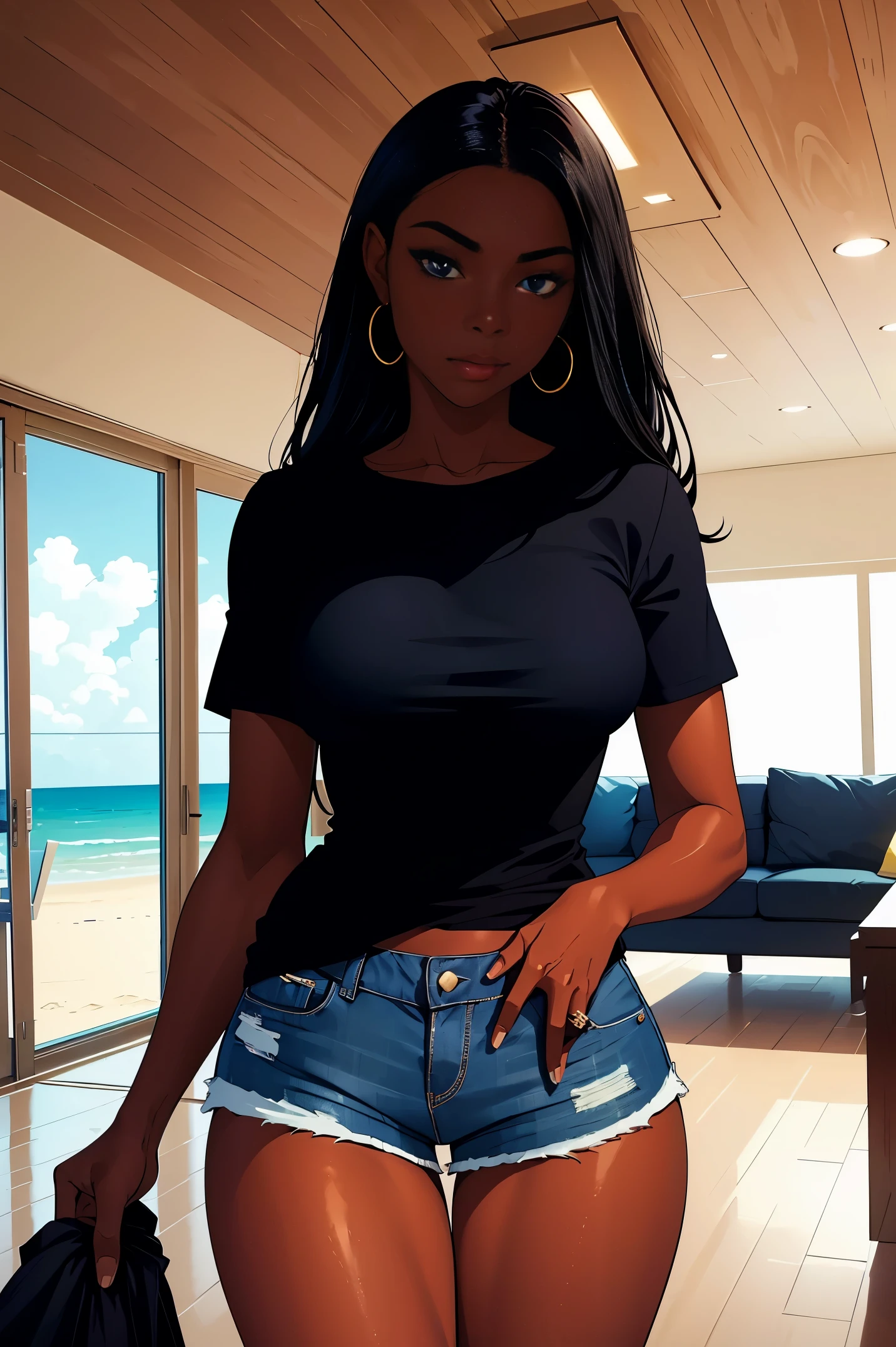 Dark skin young woman in a blue shirt, long black hair, luxury beach themed home interior and jean shorts