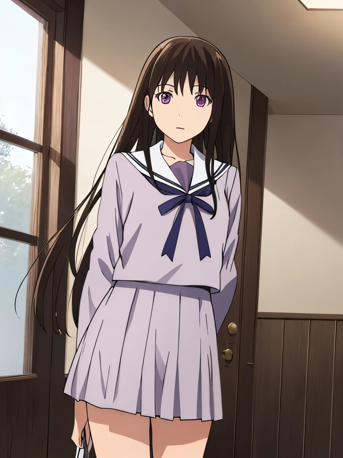 1girl, school uniform, sexy pose, indoors, school hallway, cowboyshot,