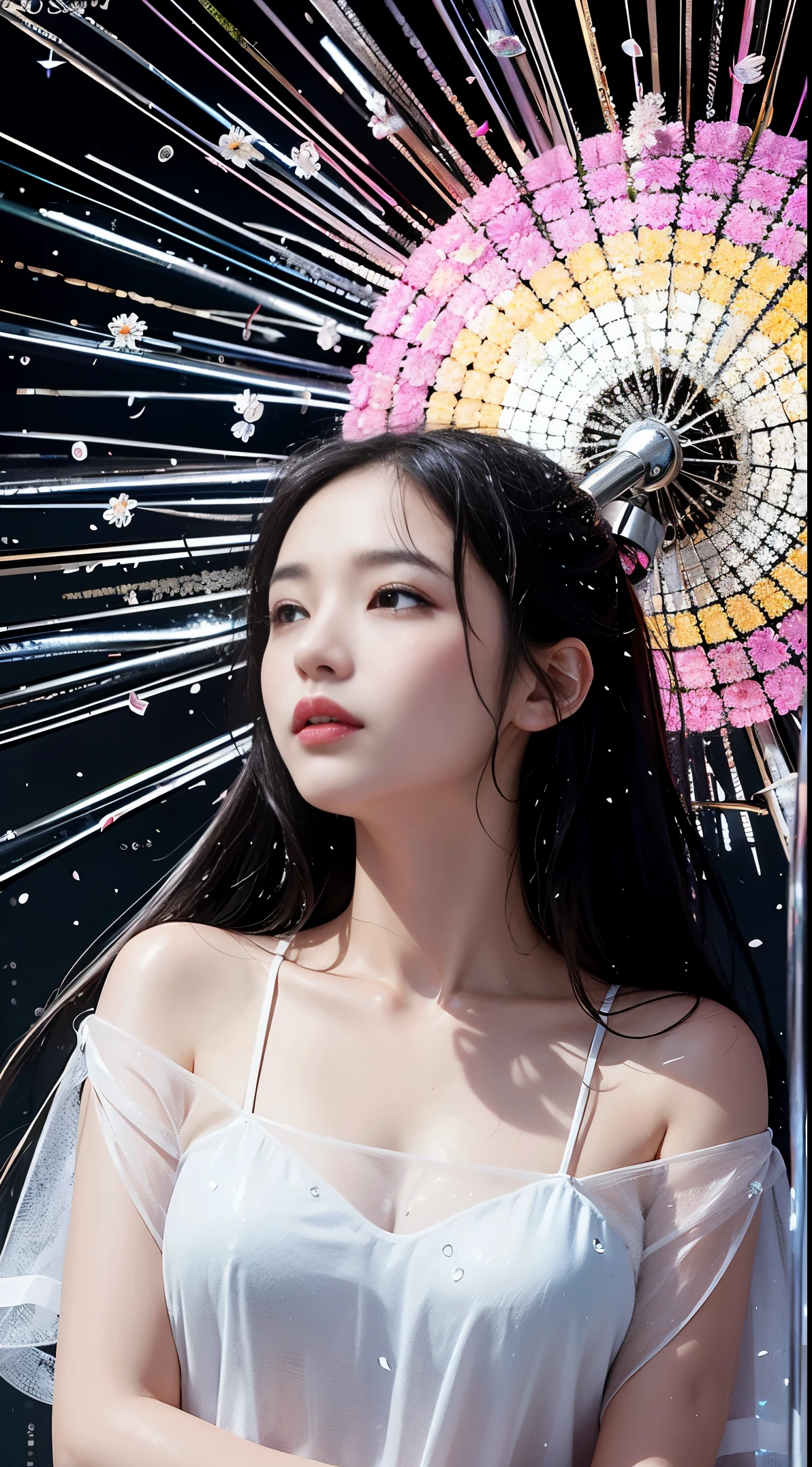 Korean idol girl under a shower of rain and colorful daisy petals, soaking wet and looking up, set against a black background in a crystal style art, SDXL, 4K version, full posture, real photo, crystal clear with details of rain drops and flower petals.