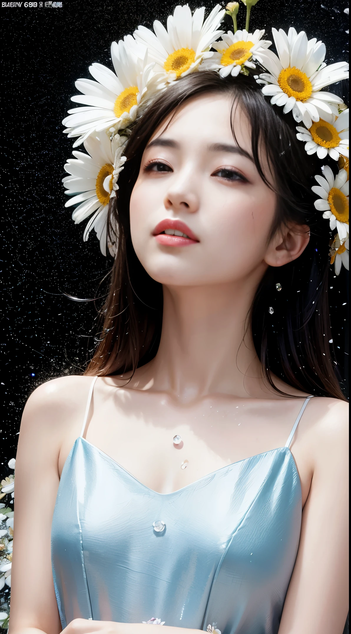 Korean idol girl under a shower of rain and colorful daisy petals, soaking wet and looking up, set against a black background in a crystal style art, SDXL, 4K version, full posture, real photo, crystal clear with details of rain drops and flower petals.