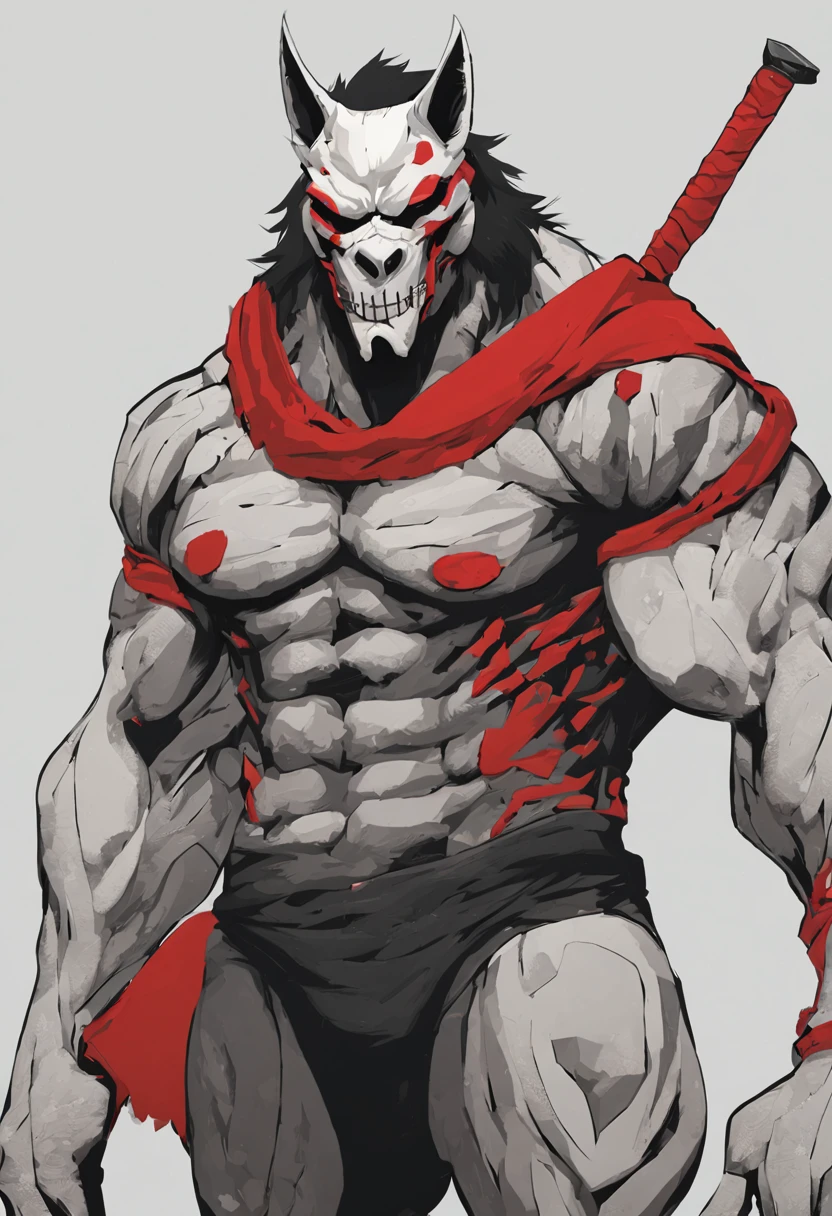 Furry, lobo negro, big muscles, ojos rojos, de perfil, con taparrabos, collar de hueso, wearing a mask of bones, cuerpo completo, estilo 2D, pene grande, pene erecto