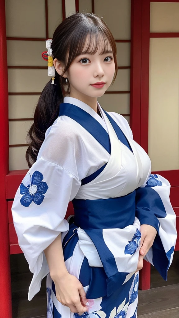 （master piece、Highest image quality、Raw photo、realistically）、Japanese woman wearing traditional Japanese costume、detailed face、detailed limbs、Dynamic angle of view、ponytail hair、big breasts、thighs、whole body