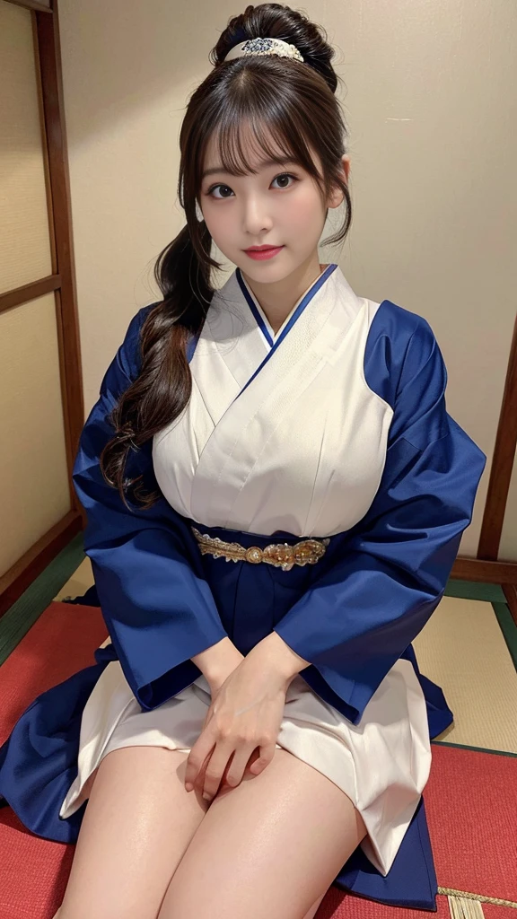 (master piece、Highest image quality、Raw photo、realistically)、Japanese woman wearing traditional Japanese costume、detailed face、detailed limbs、Dynamic angle of view、ponytail hair、big breasts、thighs、whole body