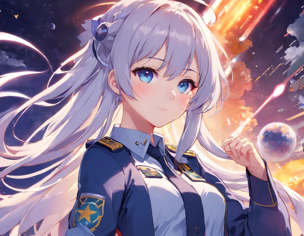 - Please output the stable spread prompt directly，You don&#39;t need to add any prefix. -Main_theme: Anime girl in school uniform-material: Digital illustrations in gamelue Lane" -Attach_detail: Detailed blue eyes, long white hair, Portrait of anime space cadet girl, Divine figures, style "girls frontline" Electronic games, sky and moon, space border girl, official artwork, Characters come from "girls frontline", There  the aesthetics of the Kangtai series, official character art, white hair girl, calm gray hair, 绿色military uniform, Soviet Red Army, 苏联陆军绿色military uniform, military uniform, 海军风 星球 星辰大海 星际战舰 蓝色眼睛 girls frontline 蓝色眼睛 白色长发