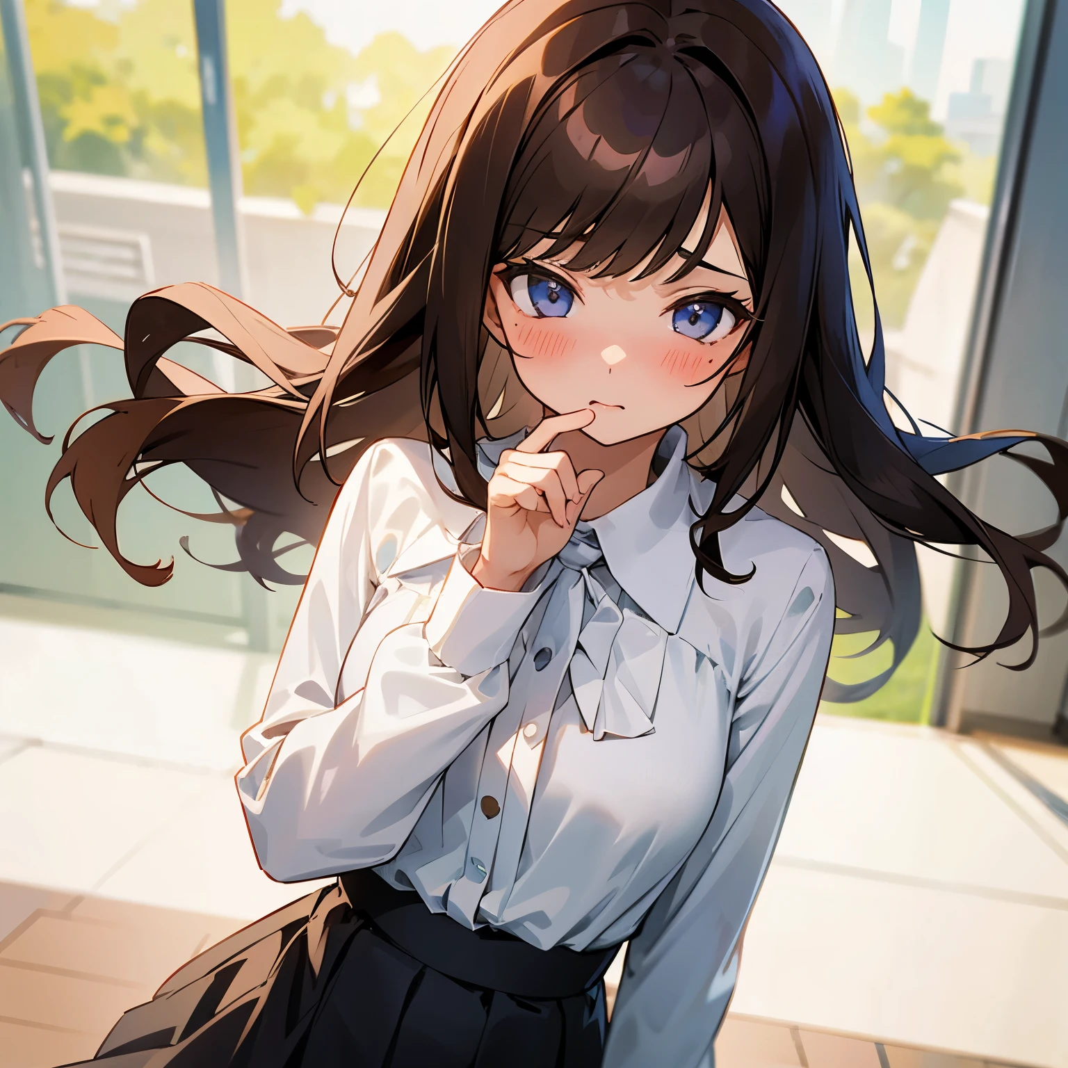 A girl with brunette hair, looking at you, medium size chest, white blouse and skirt, blushing.