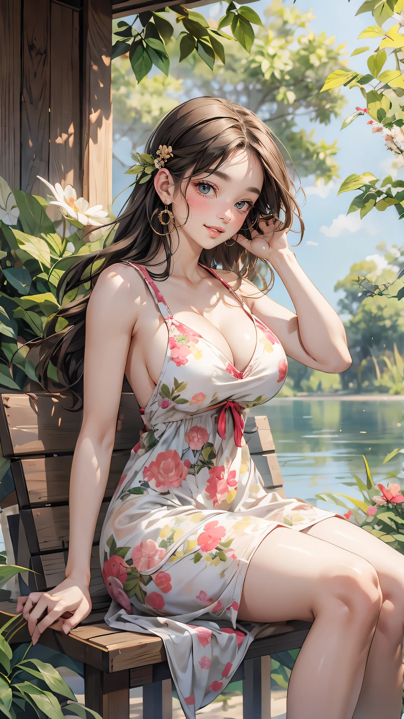 woman, printed sundress, sitting pose, countryside lake, perfect body, large breasts