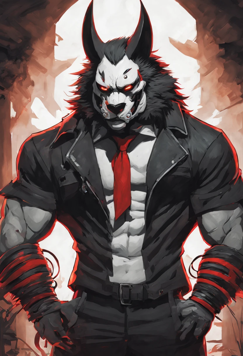 Furry, lobo negro, big muscles, ojos rojos, de perfil, con taparrabos, collar de hueso, wearing a mask of bones, cuerpo completo, estilo 2D, pene grande, pene erecto, NSFW