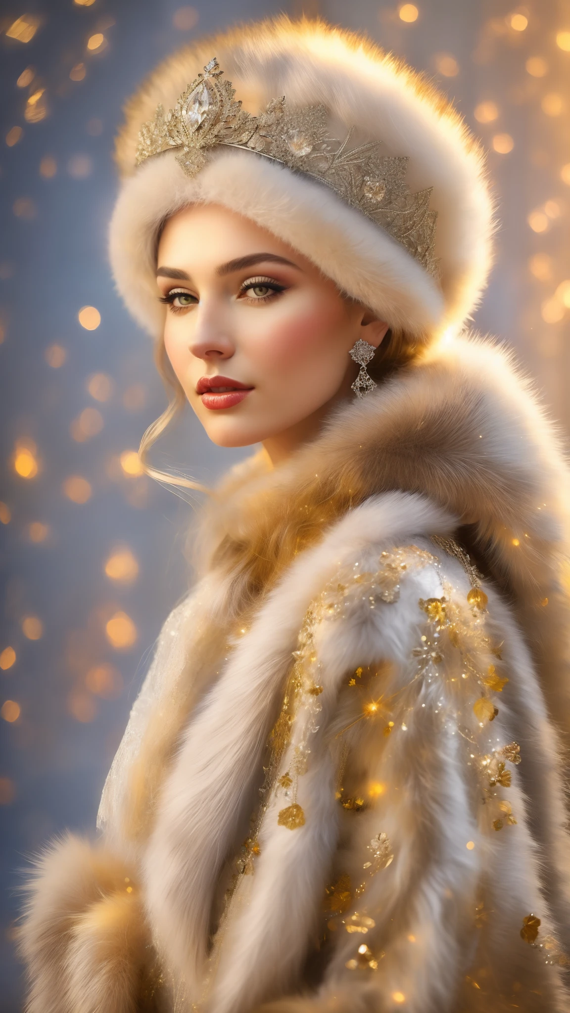 A woman in a beautiful light fur coat and fur hat , light silver glitter makeup, soft light,ethereal light tones and silver tones, soft gray bokeh background , portrait of the queen of light, princess portrait, winter princess, royal portrait, princess portrait, queen of winter, elegant portrait, princess portrait, beautiful portrait, gorgeous portrait, Alexander Kucharsky, traditional russia, high quality portrait, glamour portrait, very beautiful portrait,