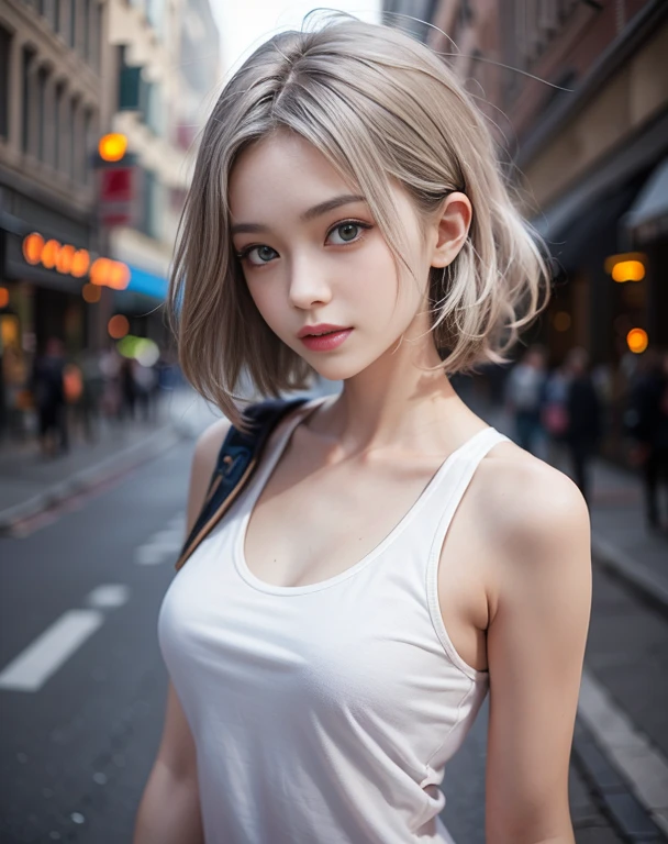 ((Realistic lighting, top quality, 8K, Masterpiece: 1.3)), Clear Focus: 1.2, Realistic 1 girl, upper body, slim beautiful, beauty style, beautiful breasts, (short cut), (Black crop tank top), (outdoor, night: 1.1), street, super beautiful, attractive eyes, attractive smile, double eyelids, spoiled look, cute smile