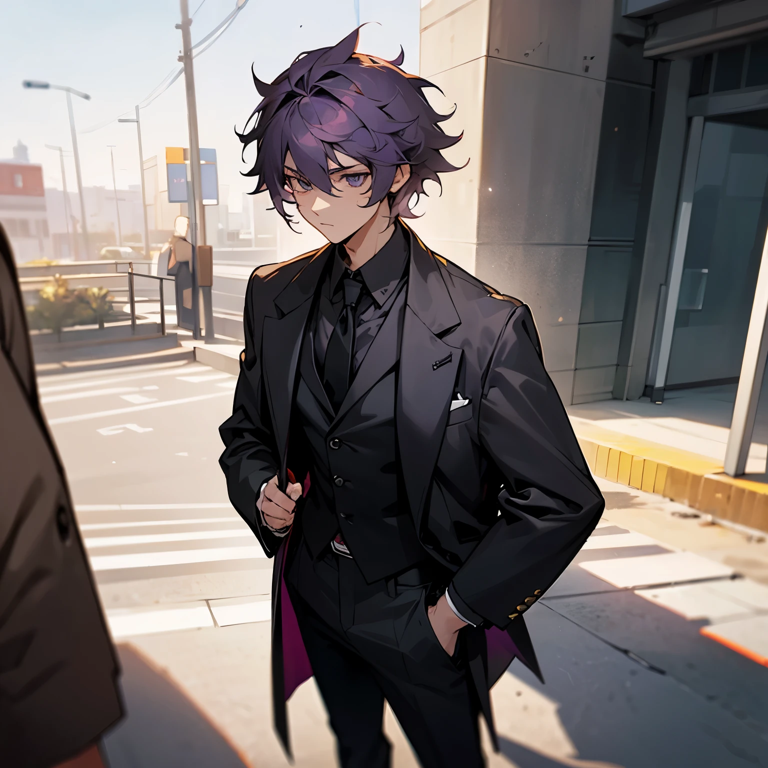 1male , Messy Hair , Lavender purple hair , Baggy Black Pants , Brown Longcoat , Standing on sidewalk , Calm Expression , Muscular , Black Tie , Layered Clothing , perfectly generated facial features