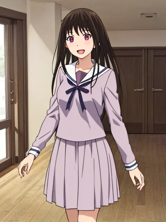 1girl, bangs, black hair, blush, breasts, medium breast, smile, open mouth :D, solo,white long sleeve shirt, short skirt, cowboyshot, POV, indoors, school hallway,