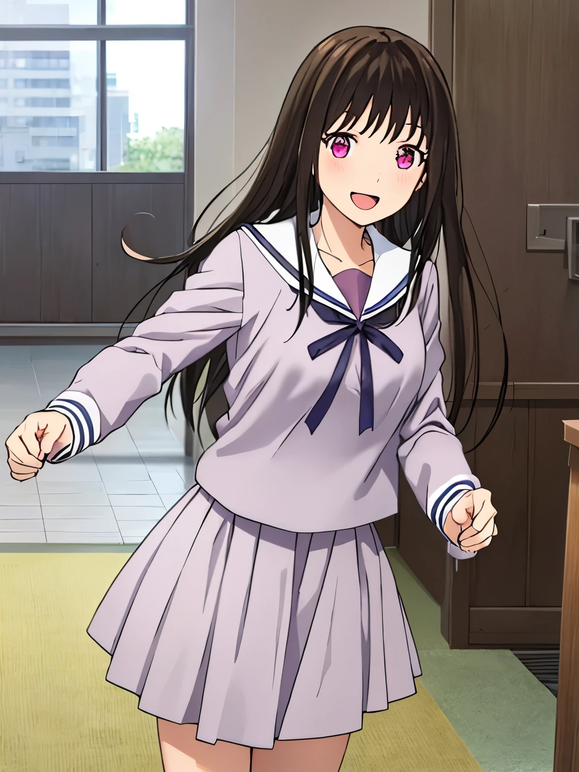 1girl, bangs, black hair, blush, breasts, medium breast, smile, open mouth :D, solo,white long sleeve shirt, short skirt, cowboyshot, POV, indoors, school hallway,