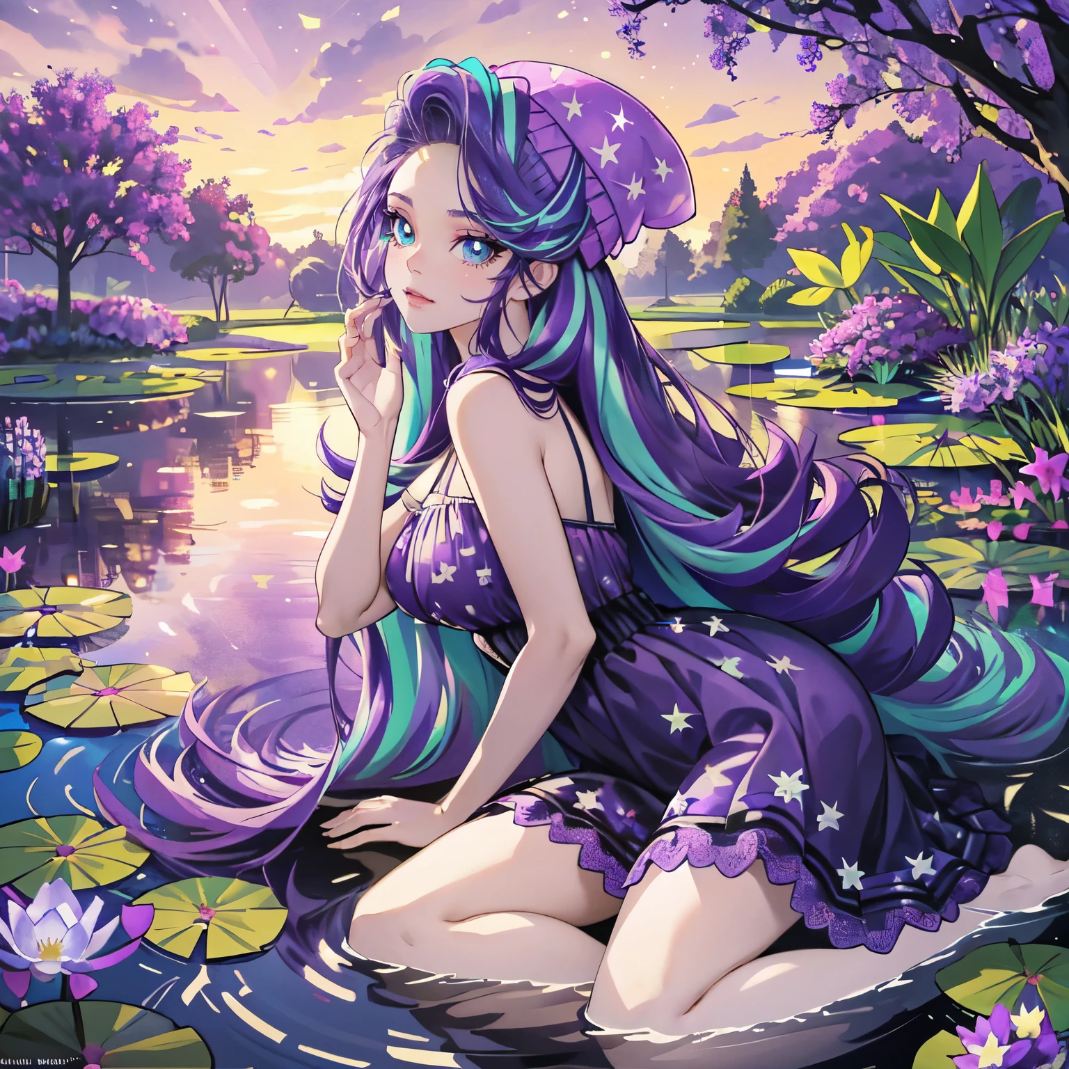 starlight glimmer, starlight glimmer from my little pony, starlight glimmer in the form of a young woman, big breasts, lush breasts, two tones of hair, turquoise and purple hair, in a garden, purple and turquoise flowers, solo, one character, turquoise and purple long elegant dress: 1.5, thin, turquoise eyes, gentle smile, beautiful detailed plants: 1.5, jacaranda trees: 2.5, lavender flowers every: 1.5, purple beanie with turquoise stars: 1.5, so many connected ponds with lily pads and flowers on it beautiful pond: 2.0,, lily pads, lilac flowers everywhere: 2.0, extremely long hair, DUSK: 2.0, twilight time: 2.0, bright glowing purple evening sky, ethereal sky, purple thigh high, highly detailed legging, she  sitting by the ponds, reflection on water, stars, bright glowing shimmering stars, vibrant atmosphere: 1.0, breath taking scenery: 2.0, HIGHLY DETAILED LIGHTING:1.0, dramatic lighting, so much foliage, different varieties of colorful flowers all around her those flowers attract butterflies, highly detailed butterflies, ((one really thin purple straight horn on her forehead: 1.0)), two purple cat ears: 1.0,