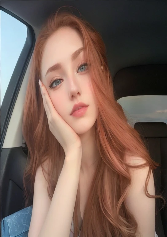 Mujer pelirroja con ojos azules y cabello largo sentada en un auto, pale skin suave natural, con pale skin, pale skin y brillante, pale skin, suave e impecable, pale skin y clara!!, soft and pale skin, pale skin marfil, piel very pale, amoranto, soft pale white skin, pale skin y clara, very piel blanca muy, very pale, piel blanca muy, very pale
