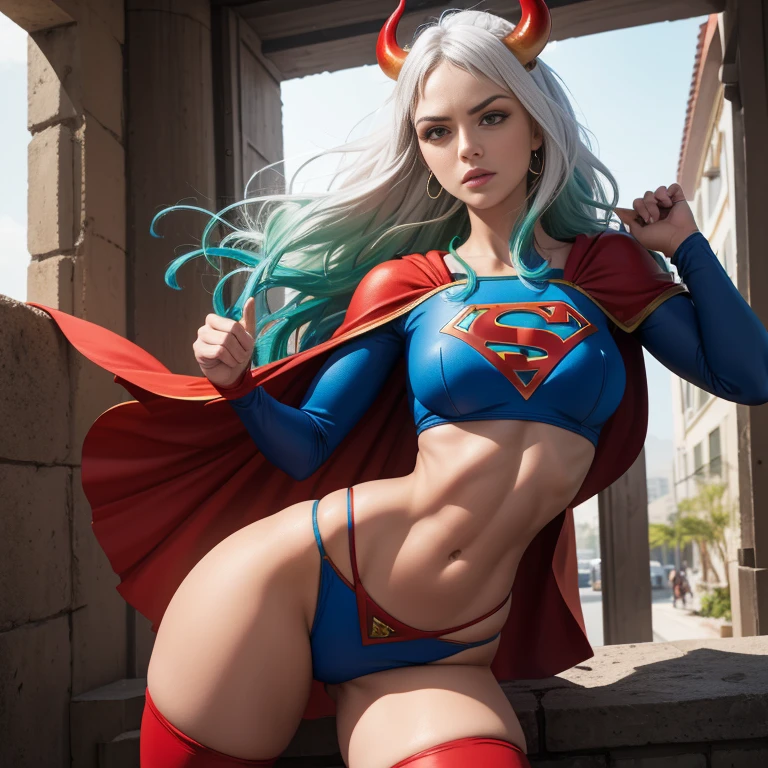 Detalhado cabelo branco longo, tamanho de arquivo enorme, 1girl, demon girl, Superhero Supergirl, terno Supergirl, capa vermelha, S do super-homem no peito, blue swimsuit, saia azul, botas vermelhas, ultra sexy hiper sedutora, (Desert Oasis:1.1), Rosto extremamente detalhado, Foto RAW, filmic grain, master part, UHD, HDR, skin pores, maquiagem sedutora escura requintada, delineador escuro, buffalo horn with red tips ((longos cabelos brancos)), poses femininas sensuais sem vergonha, ((seios muito firmes)), (((tonificado, Impeccable, encaixe, corpo perfeito e anatomia;))), ((Olhando para o Viewer)), ((hiper sedutor)), profundidade de campo, alto, sexy , realismo, VFX, Volumetric lighting, volumetric light, volumetric, natural lighting, Detalhado e intrincado, Detalhes intrincados, quantidade absurda de detalhes, absurdos, high resolution, na cidade