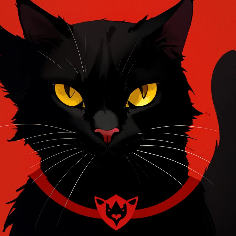 Black cat  circular logo design, graphic design, drawing in bright red  color,bright red background 