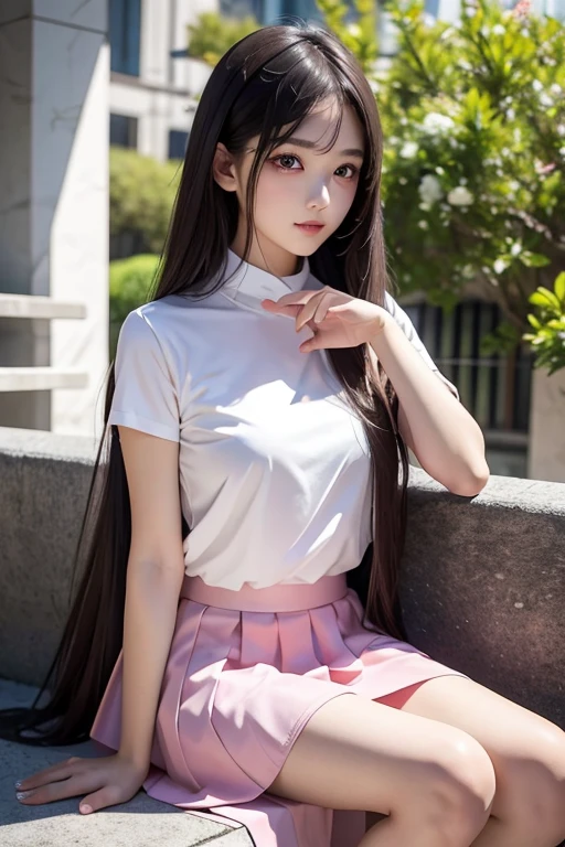 4K ultra, masterpiece, a girl, good face, detailed eyes, straight hair, very long hair, skirt, half skirt, pink color skirt, shinning, high lights, realistic background, sitting, whole body capture,