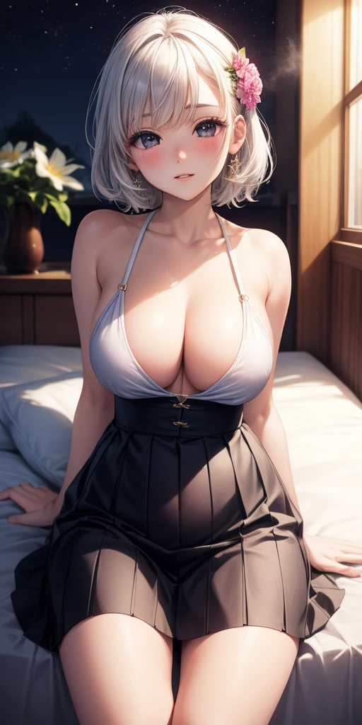 「best quality:1.2、highres、Super detailed、Realistic:1.37,1 girl、white hair、sparkling eyes、cropped top、skirt、Detailed outfit that shows your style、big breasts(size F)、Realisticな特徴を持つ22歳の美しい女性、parted lips、blush、night、flower、sun、sunlight、Bright colors、soft lighting、Etheric atmosphere、delicate details、romantic、dream-like