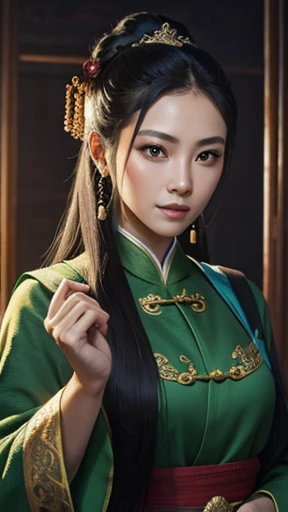oriental、Ancient Chinese in green clothes、ancient chinese hairstyle man、ancient chinese man with headcloth、three kingdom、multiple warlords、highest quality、masterpiece、ultra high resolution、(Photoreal:1.4)、game poster、inside the house、Upper body、highest quality、masterpiece、ultra high resolution、(Photoreal:1.4)、game poster