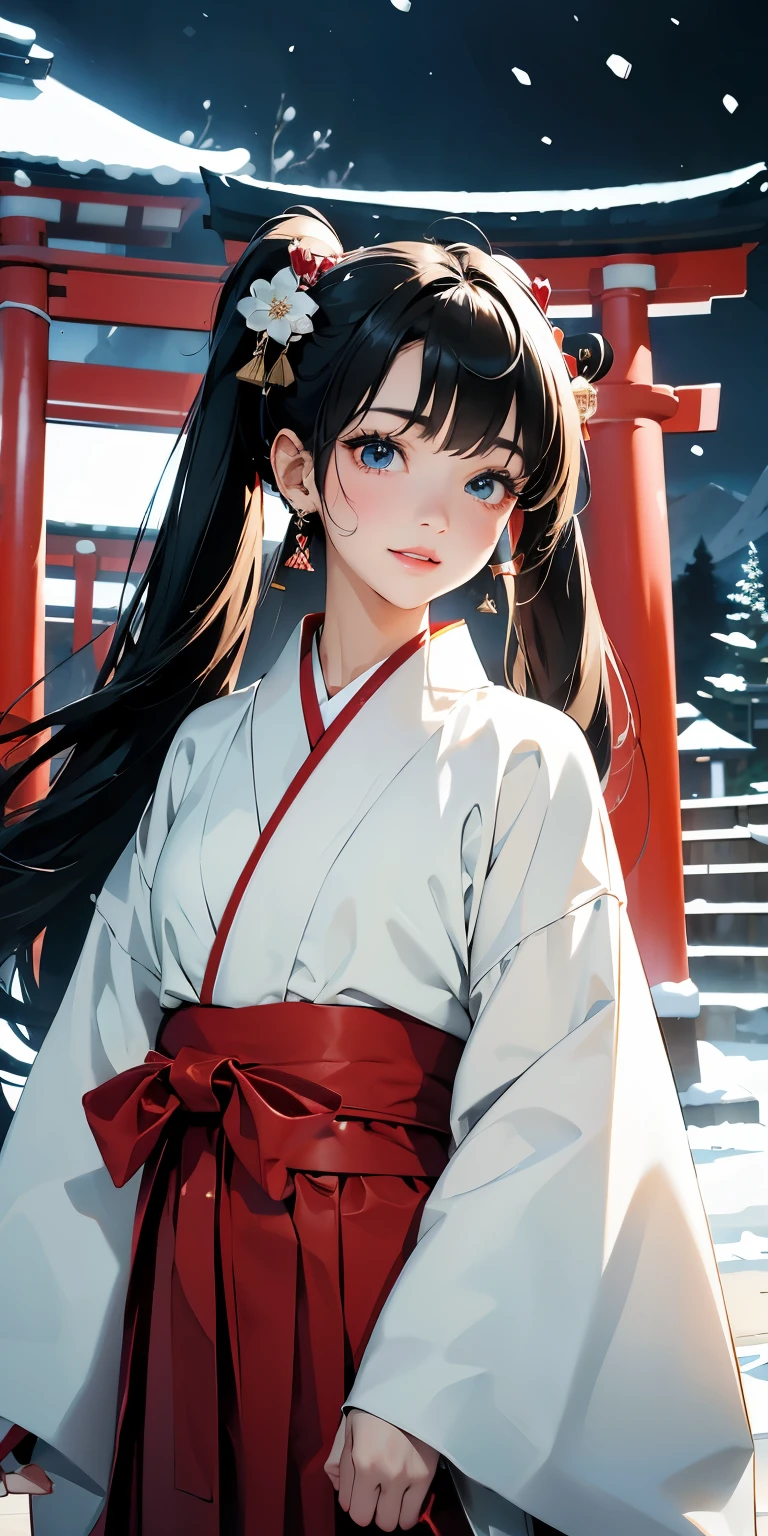 masterpiece、High resolution 8K、NSFW、sharp focus、contrast lighting、fine skin、 ultra high resolution、ultra high resolution、Detailed CG、snow scene at night、lantern noon、that'It's snowing、Former shrine of Japan、temple、Landscape with the torii gate of the main shrine - Angle、full body shot、Beautiful woman、beautiful eyes、(detailed face and iace:1 2)、narrow eyes、almond eye、brown eyes、gradation eye、highlight:1.2)、(beautiful black hair、middle、asymmetrical bangs、twin tails)、(WhSore and red shrine maiden costume、japanese shrine maiden costume、what are the clothes、Crimson Hakama、Red too、WhSore Shrine Maiden Costume)、(plump lips、glossy lips、small chest size) 、(oval face : 1.4)、(thin fingered arms、detailed human hand)、half-open smile、teeth visible、long shot