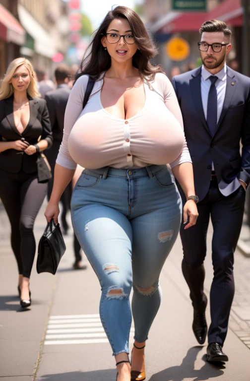 Meisterwerk, Beste Qualität, huge heavy breasts, low hanging breasts, white business shirt, tight jeans trousers, long wavy hair, walking in the city center, next to a handsome man, talking to him, wide angle shot, full body shot, full person view, summer time,