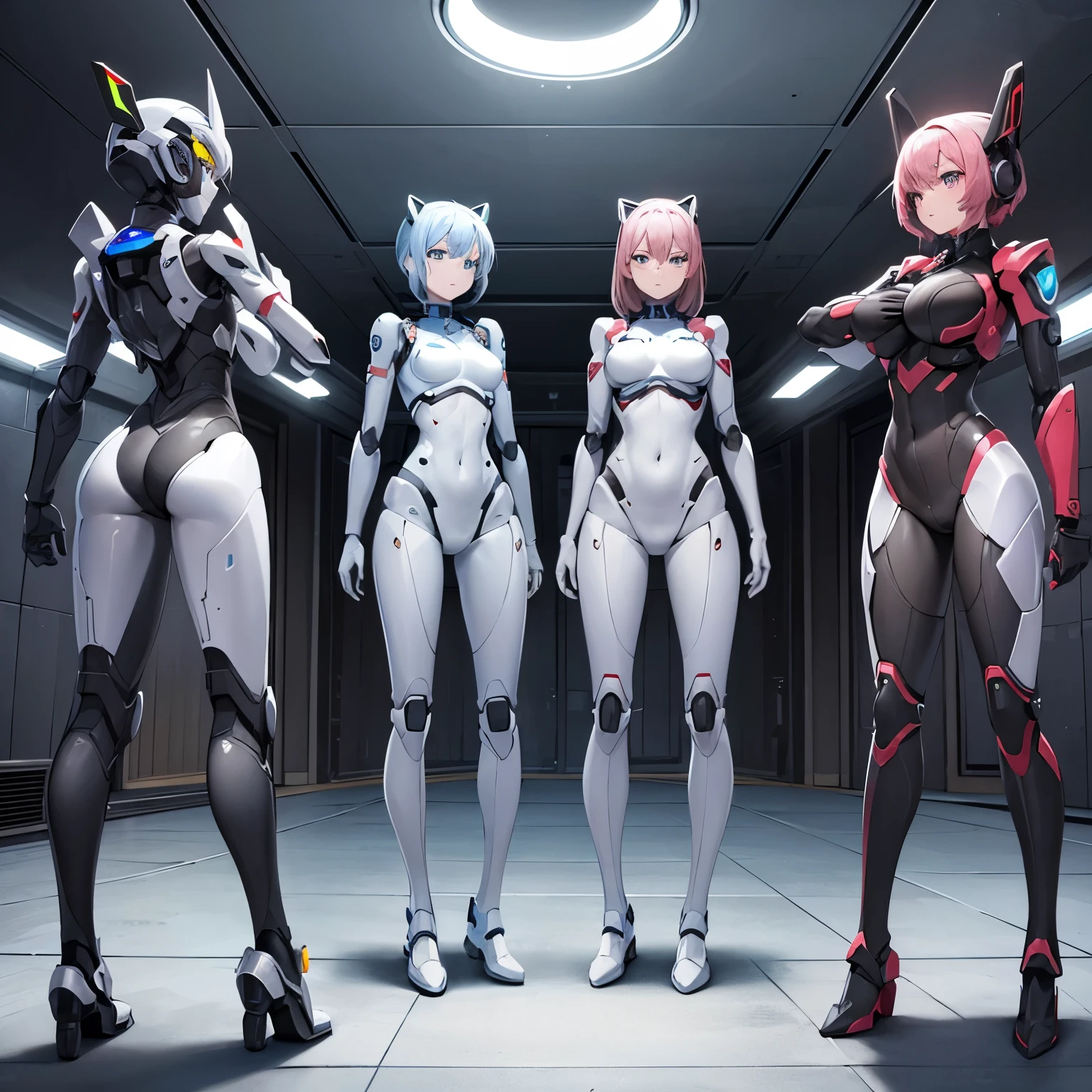 5 robot girls stand in a room. None of them are facing the viewer. They aren’t looking at the viewer, either. They all seem lifeless.