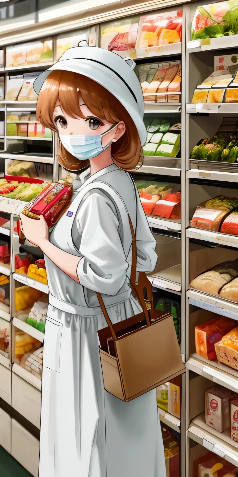 beauty woman、Bento shop、Lunch boxes are lined up in an orderly manner.、Available now、Culinary White Hat、Brown Apron、Wearing a white mask、Smiling、Precision Photography、4K image、