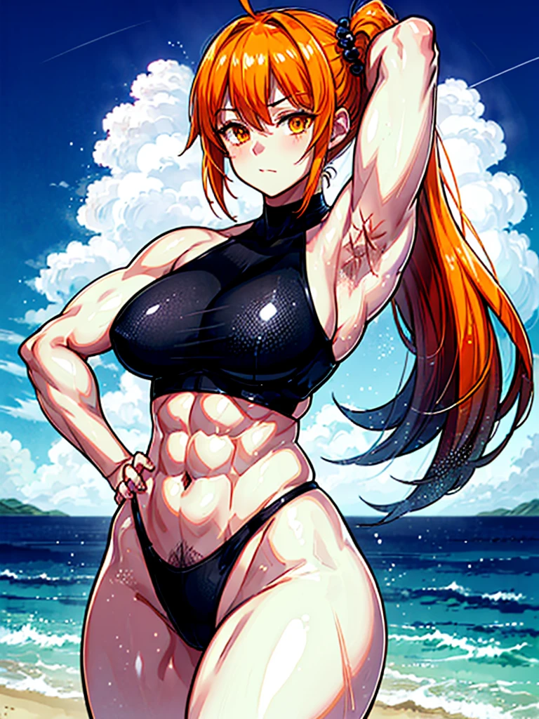 (((masterpiece、Highest image quality、highest quality、highly detailed unity 8kwallpaper)))、((Illustration of one girl))、(((beautiful girl)))、((orange hair、side ponytail、sidelocks:1.4、orange eyes))、(((stocky build:1.5, thickset physique:1.6, muscular legs, broad shoulders, solid chest:1.5)))、(((Orange hair、hairy armpits:1.8)))、(armpit hair:1.4)、swimsuit、sandy beach