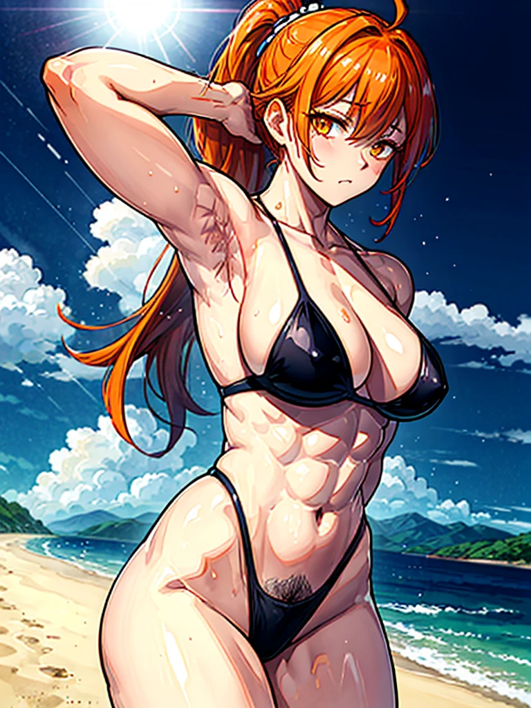 （（（masterpiece、Highest image quality、highest quality、highly detailed unity 8ｋwallpaper）））、（（Illustration of one girl））、（（（beautiful girl）））、（（orange hair、side ponytail、sidelocks：1.4、orange eyes））、（（（stocky build：1.5, thickset physique：1.6, muscular legs, broad shoulders, solid chest：1.5）））、（（（Orange hair、hairy armpits：1.8）））、(armpit hair:1.4)、swimsuit、sandy beach