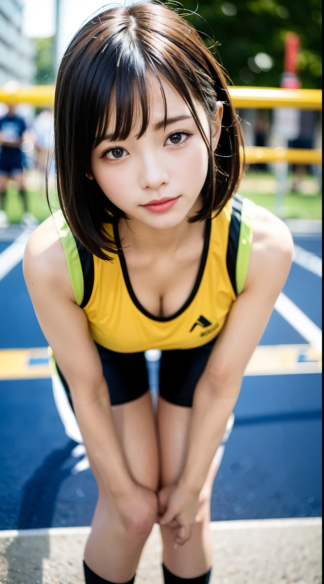 Before the start of the track and field sprint、(Yellow track and field uniform)、{Small size vest、Wear high-leg bloomers}、(The area around the stomach exposed)、(Skill exposure)、(Feet exposed)、crouched、closeup cleavage、 foto、Anime 、middlebreast、RAW photography, top-quality, A high resolution, (tmasterpiece), (Photorealsitic:1.4), professional photoshooting, foco nítido, 8K分辨率, intricately details, depth of fields, Extremely detailed CG unity、8k wallpaper, Frontlighting, Girl vs, (kawaii)、Beautiful supermodels, A smile、Short Bob Hair、slendernesree posture、dynamic ungle