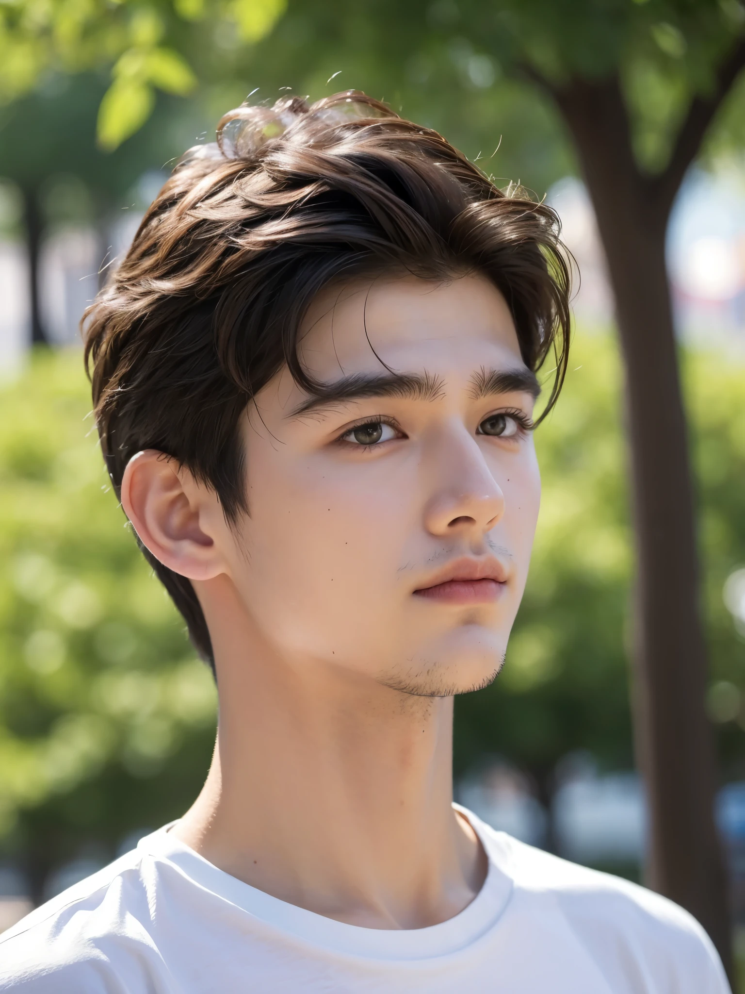 boy, 17 y.o, handsome, semi-caucasian face, comma hair, city park