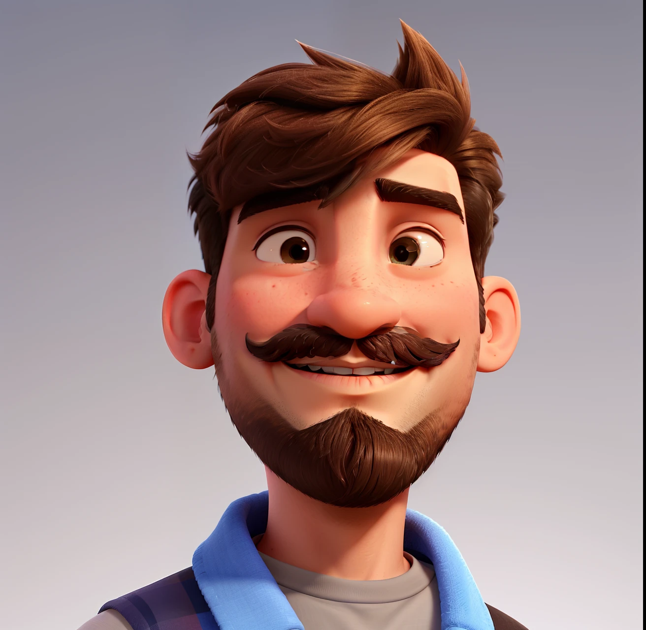 The character is a boy with a gradient haircut and a thin mustache and a beard on his chin. 