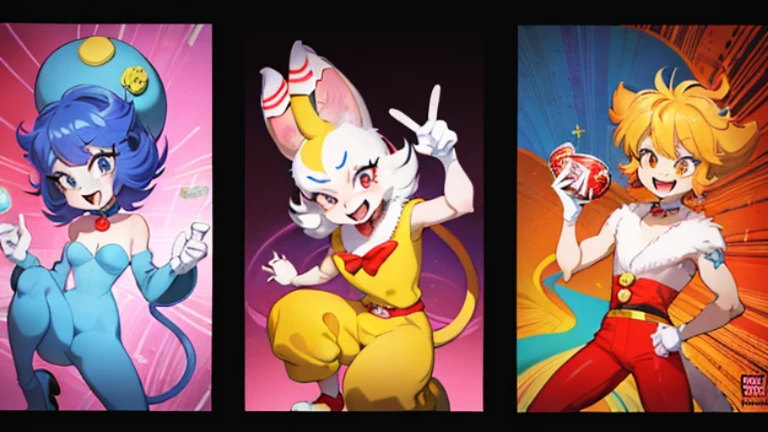 Close-up of three figures standing side by side, crazy曲调风格, crazy style, crazy, 1 9 6 0 style, furry man wearing tail, don bluth animation, 1960s Rankin Bass Stop Motion Animation, Disney style furry, Inspired by Tex Avery, Retro, hanna barbera style