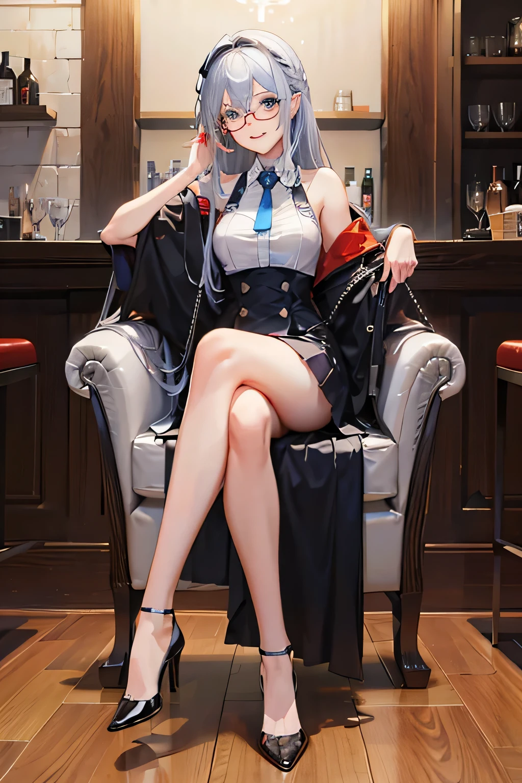 blue eyes, whole body, sit on the chair, cafes, slim girl, wear glasses, High heel, bare legs, silver hair, long hair, hair behind ears, colorful eyes, faint smile, Grinning, anime style, cubismo, high detail, Surrealism, Ray tracing, Stereo view, high resolution, 1080P, 4K, Award-winning, high details, high quality, best quality