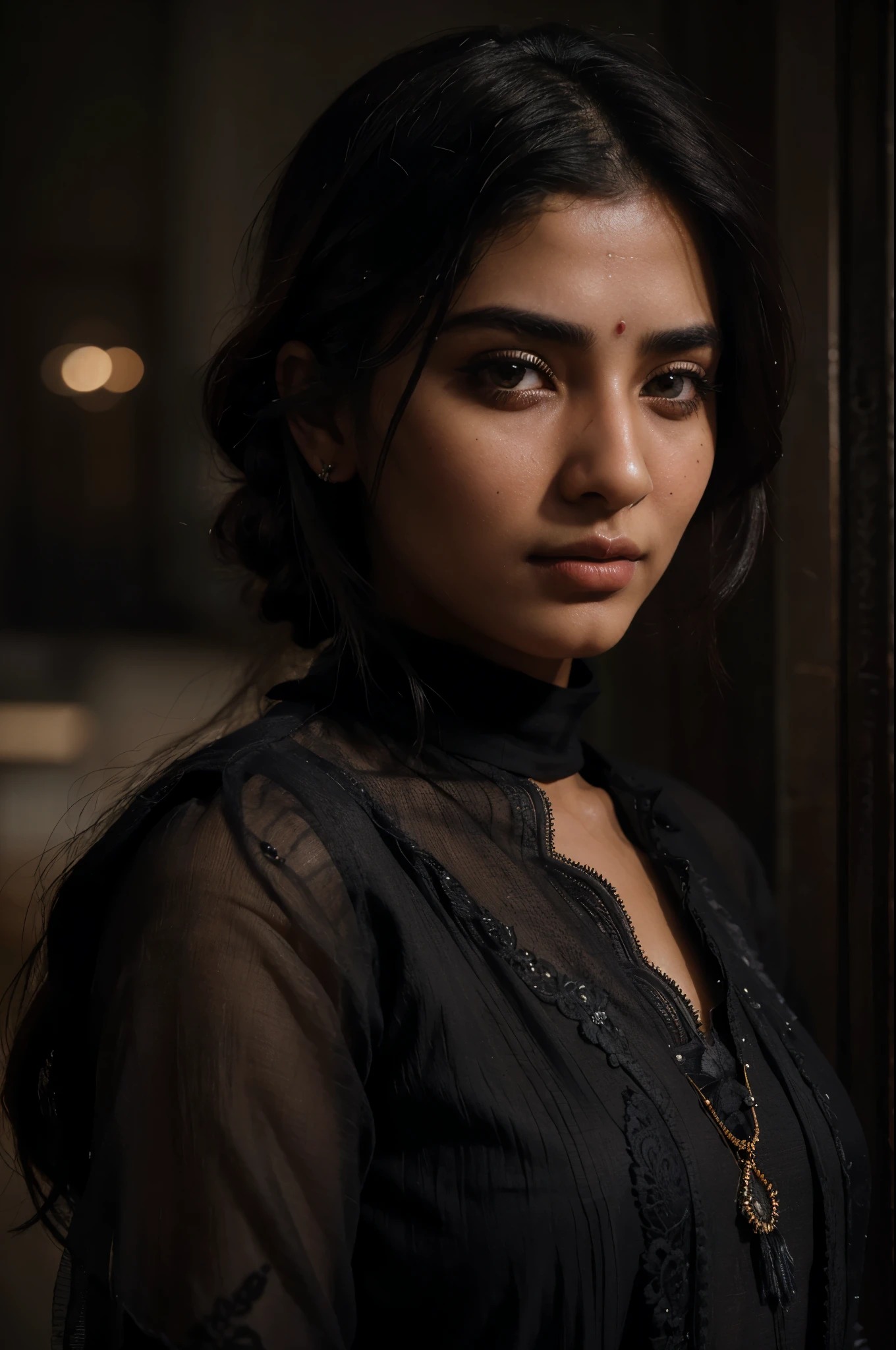 Portrait of traditional 22 years old Pakistani girl, stunning realistic, 3d render, octane render, intricately detailed, cinematic, hyper realistic cover photo awesome full color, hand drawn, dark, gritty, realistic 12k, intricate. high definition, cinematic, Rough sketch, bold dark lines, black fade background, black tunic, innocent, thick eyelashes