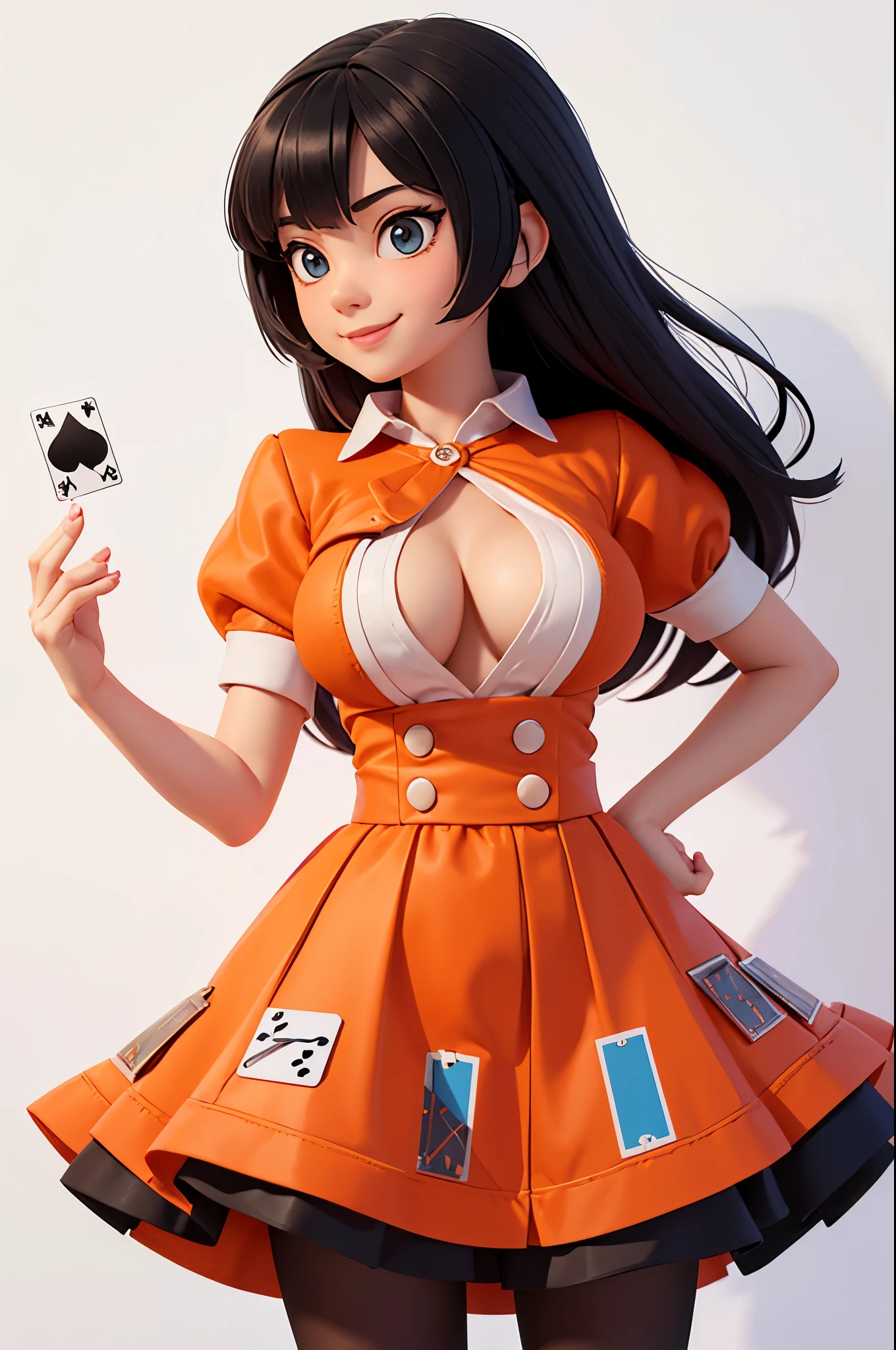 a girl,8k highly detailed, casual games, , 3D art style, Half body photo,White background,big eyes,black hair,cute,orange clothes,Croupier,solid color background,long hair,Smile,full,Proud,E cup,Business line,boobs,Playing cards in hand,Model posing,Wheat complexion