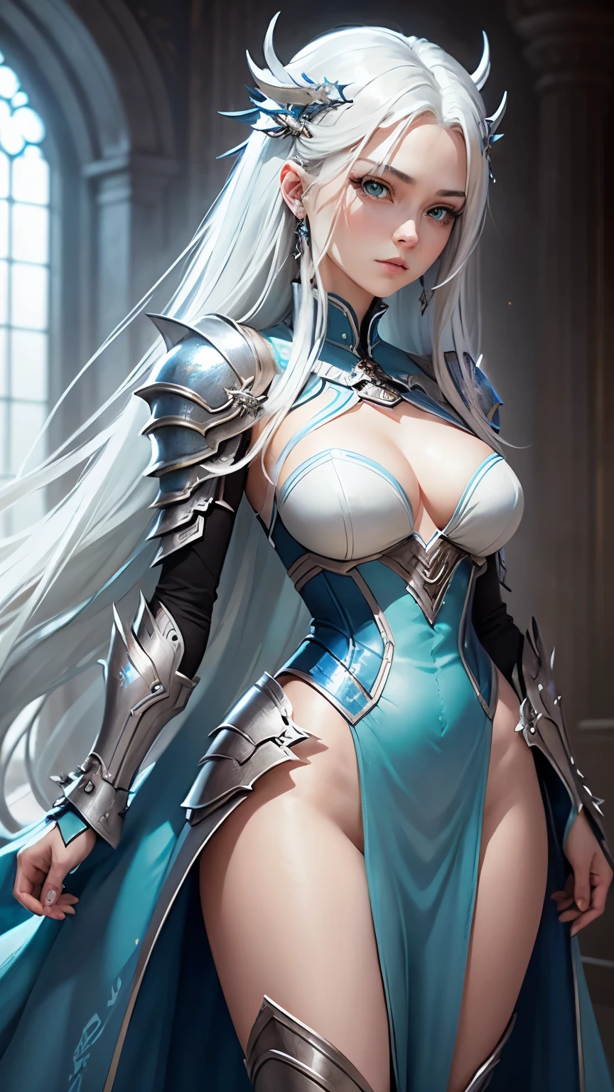 Blue-green eyes, white hair, long hair, spikes, slim, science fiction, a closeup of a woman in a silver blue dress, chengwei pan on art station, by Jang J, detailed fantasy art, studying character art, fan art best station, epic exquisite character art, beautiful armor, extremely detailed art term