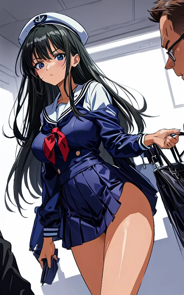A beautiful woman with long, shoulder-length black hair, big breasts, beautiful legs, and a sharp face is wearing a sailor uniform with a white miniskirt, showing light blue and blue striped panties, and glaring at a middle-aged man in a suit on a crowded train. standing。