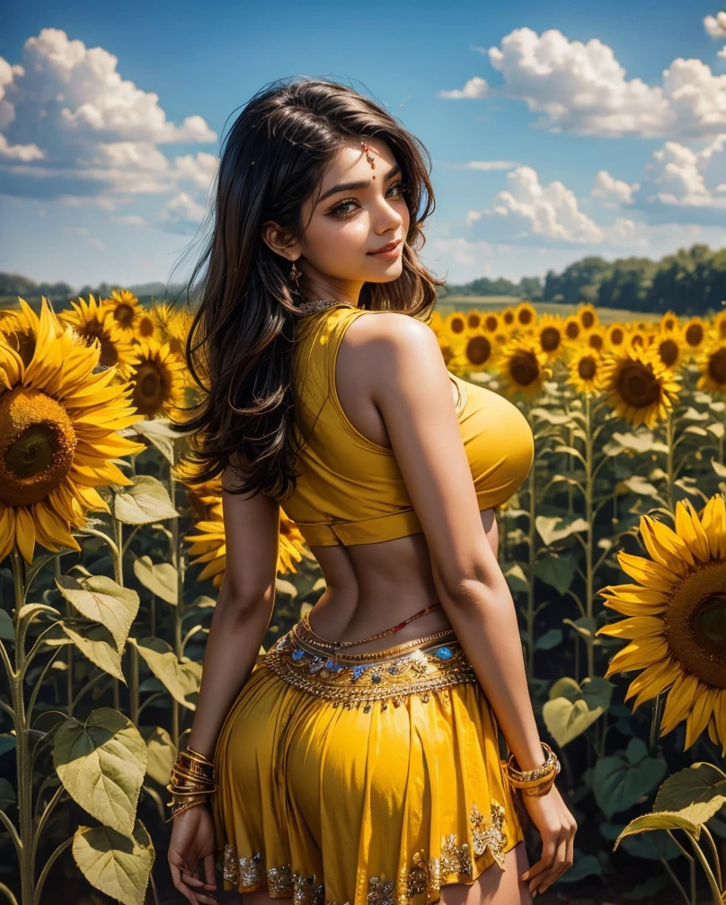 a beautiful Indian woman in short sexy skirt standing in a field of sunflowers, huge boobs,boobs cleavage,full body show, beautiful smile, sunflower goddess, goddess look, girl frontal in a flower field, sunflowers in the background, sunflower background, sunflower field, beautiful Indian hindu woman, sunflowers, beautiful sunflower indian girl, scene : sunflower field, scene: sunflower field,sunflower, mai anh tran, beautiful Indian woman, beautiful young Indian woman, gorgeous young Indian woman