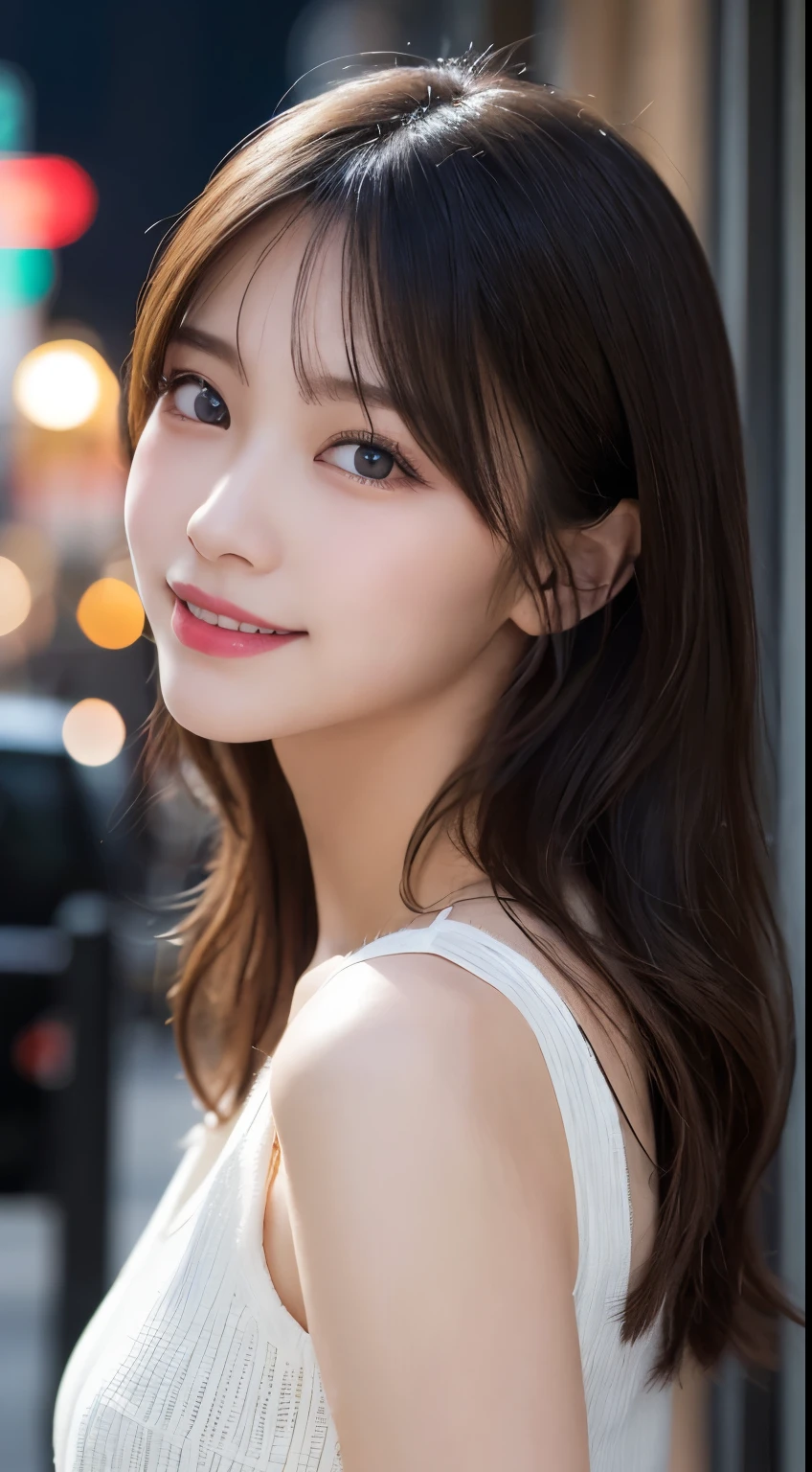 table top, highest quality, figure, super detailed, finely, High resolution, 8k wallpaper, 完璧なダイナミックな構figure, beautiful and fine eyes, winter dress,medium hair, small breasts, natural color lip, random sexy poses,smile,big city、20 year old girl、midnight、beautiful and detailed face、perfect and beautiful face,Big eyes