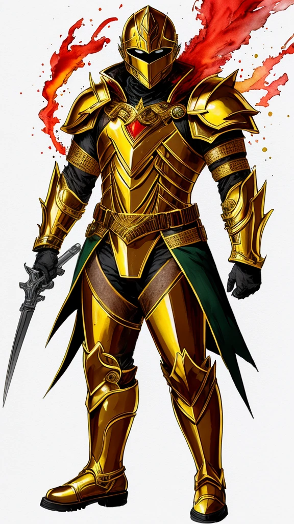 Man with thick red hair and a white mask covering the entire part of his face and very bright red eyes and golden armor and golden shoulder armor and golden blazes on his wrists and golden gloves and dark green pants and golden boots and arms crosses and yellow color watercolor background