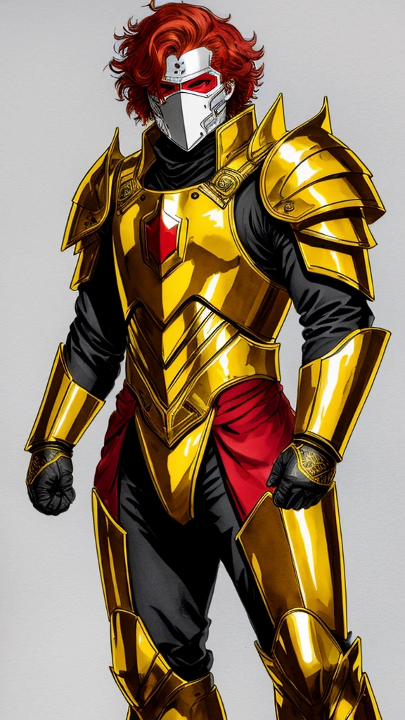 Man with thick red hair and a white mask covering the entire part of his face and very bright red eyes and golden armor and golden shoulder armor and golden blazes on his wrists and golden gloves and dark green pants and golden boots and arms crosses and yellow color watercolor background 