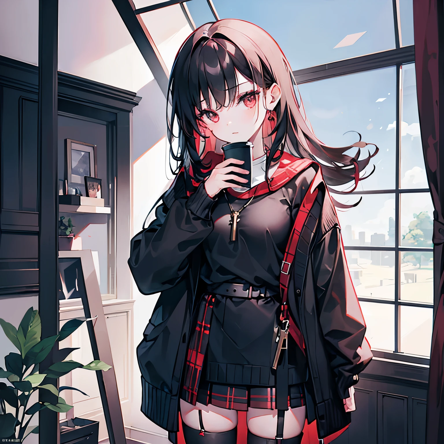 indoors, portrait, A 25-year-old woman holding a coffee cup, Black short knitted cardigan, arm:1, Dark red and black plaid narrow skirt, Black suede knee-high boots, Stand next to the office window,Put your hands on key parts